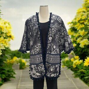 Soft Surroundings L/XL Kimono Jacket Batik Print Boho Chic Pom Pom Trim Festival